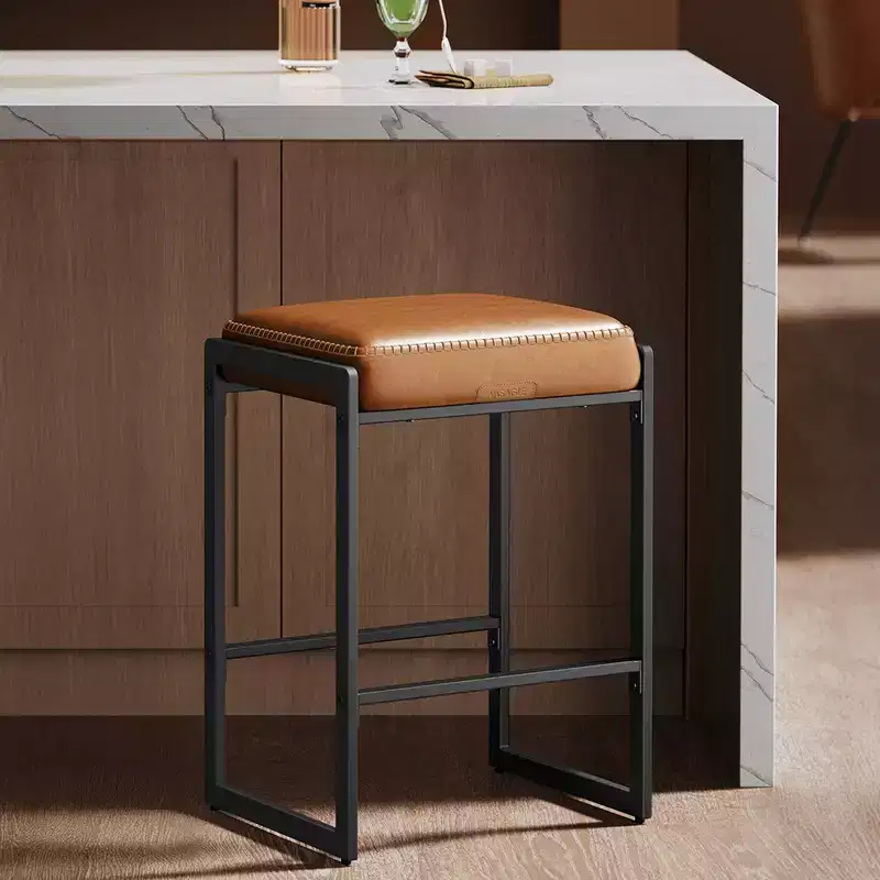 EKHO Mid-Century Modern Bar Stool - 26 Inch Counter Height, Synthetic Leather with Decorative Stitching, Sturdy Metal Frame, Caramel Brown