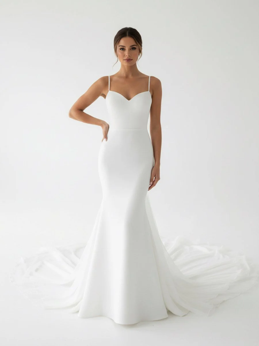Ivory Sweetheart Backless Mermaid Long Wedding Dress with Attached Train