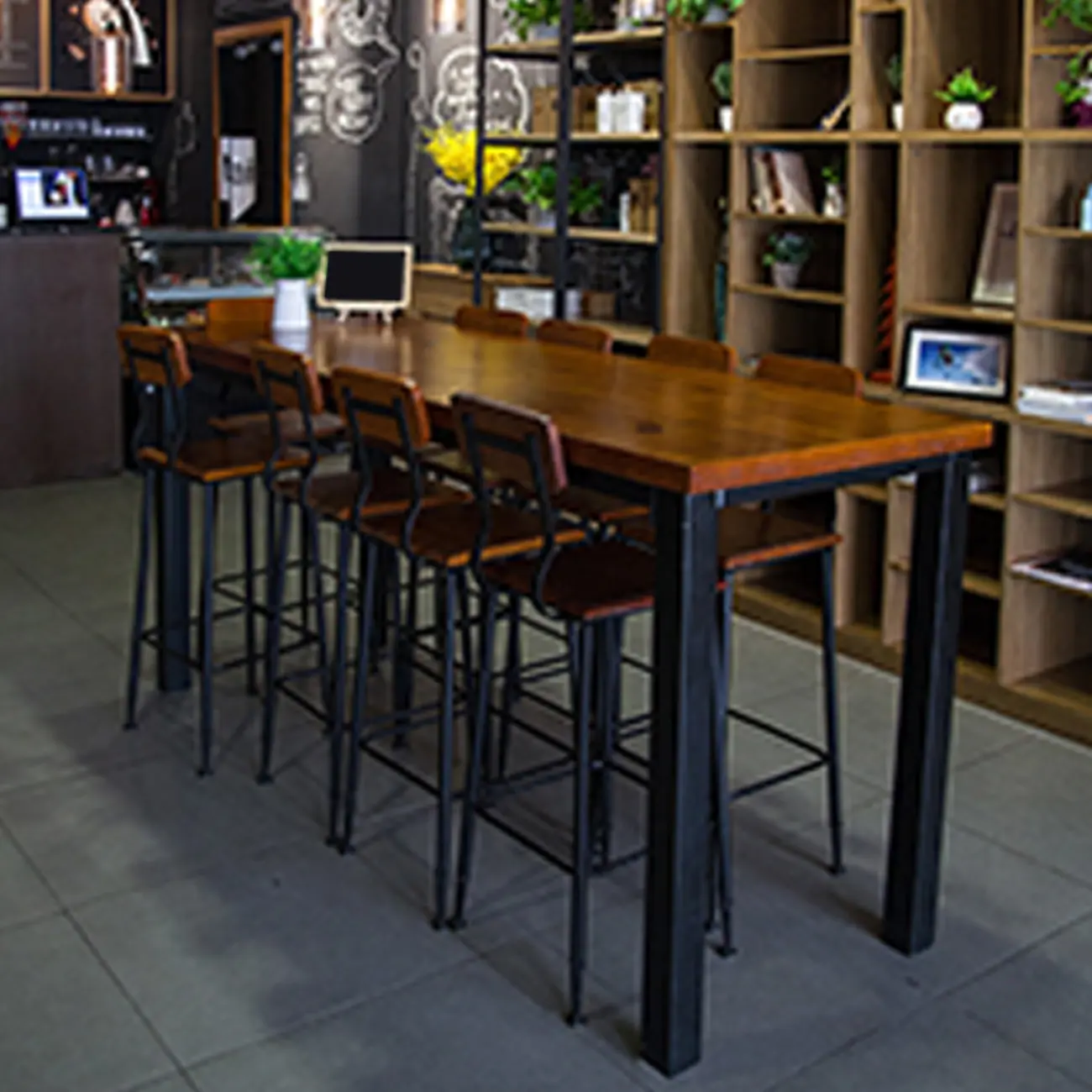 Industrial Brown Wood Black Iron 4-Leg Rectangular Bar Tables