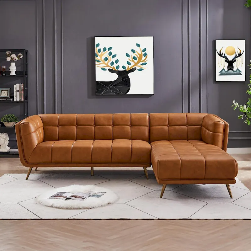 Cognac Tan Chesterfield Genuine Leather Sectional Sofa - Mid-Century Modern