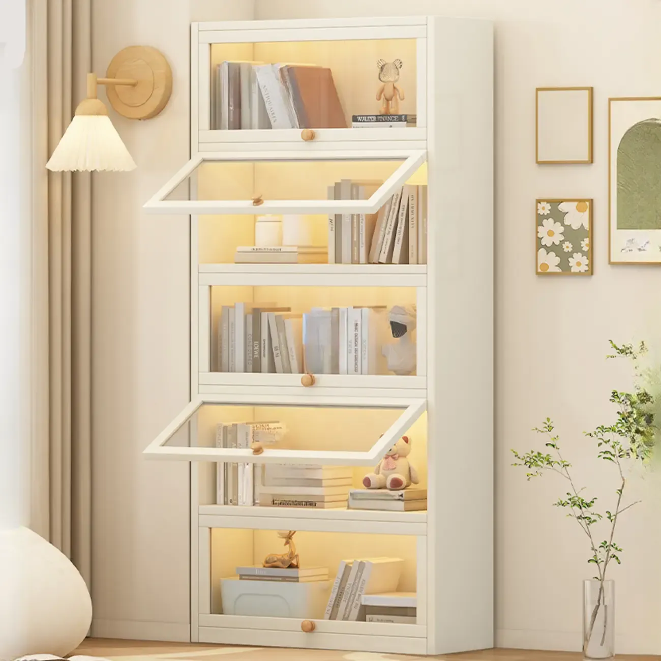 Narrow Modern White Wooden 5-Tier Flip-up Door Bookcase
