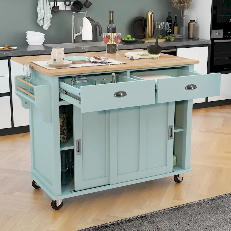 Wood Folding Kitchen Island on Wheels with Adjustable Shelf Storage Cabinet and 2 Drawers, Concealed Sliding Barn Door