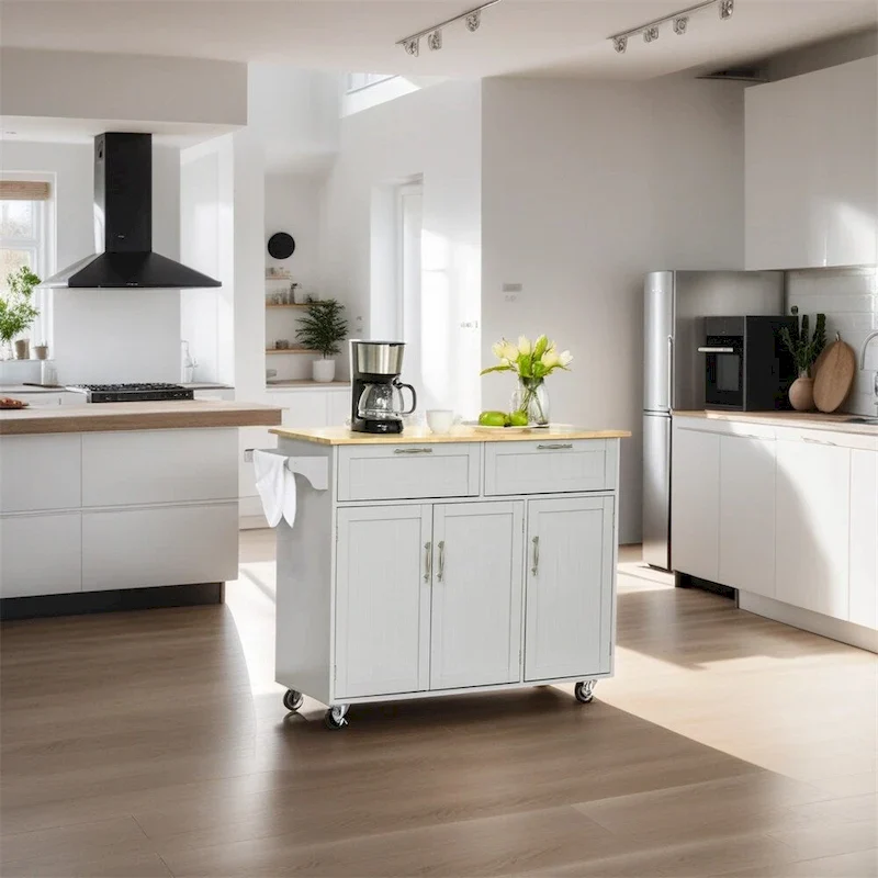 Mobile Wood Kitchen Island with Storage and Adjustable Shelves - N/A