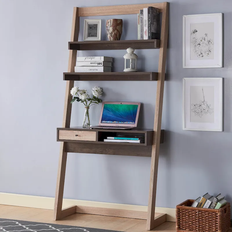 Two-Tone Wall Leaning Desk with Drawer and Shelves
