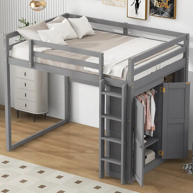 Wood Full Size Loft Bed with Built-in Wardrobe & Storage Shelves, Led light, Bunk Bed Frame w/Slats Support No Box Spring Needed