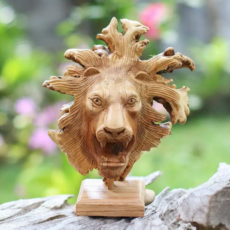 NOVICA Emerging Lion, Wood sculpture