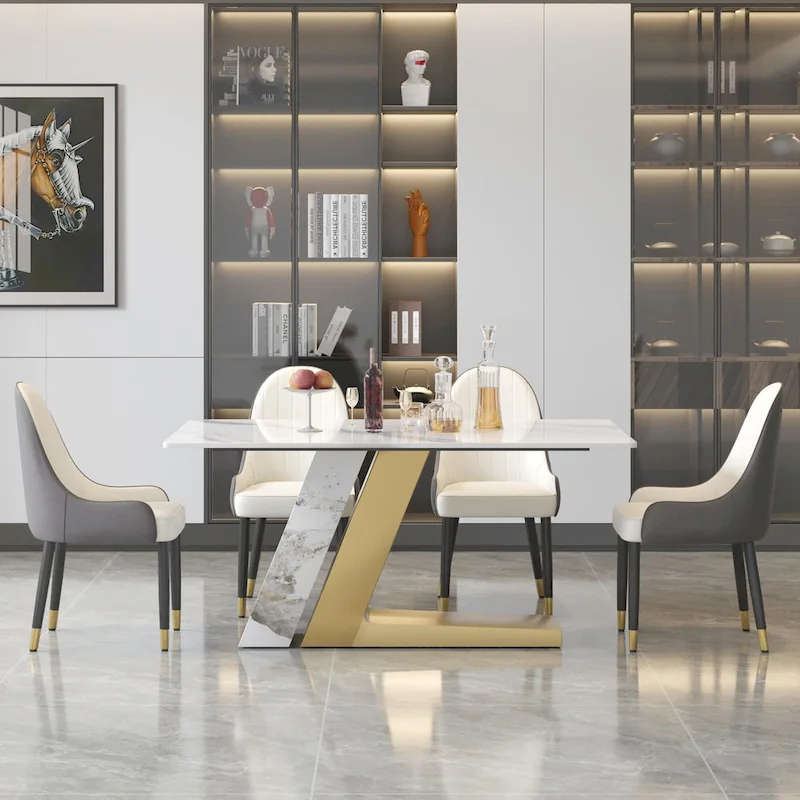 Modern Slate Kitchen Dining Table with White Rectangle Sintered Stone Top and Metal Legs -- 63/71/79