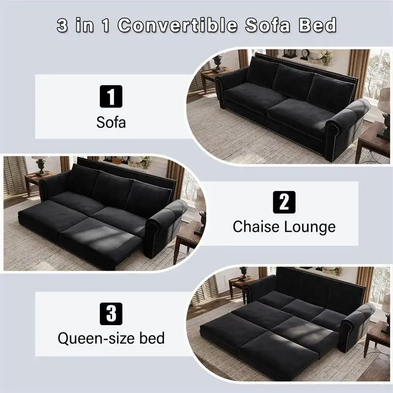 3-in-1 King Pull Out Sofa Bed Chesterfield Sofa, Velvet/Faux Leather Convertible Sleeper Sofa with Nailhead Trim & Rolled Arm