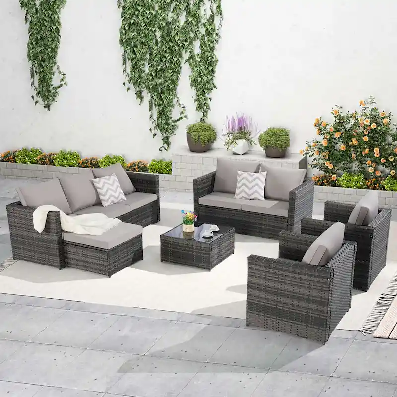 6-Piece Outdoor Wicker Conversation Sofa Set with Coffee Table, Ottoman