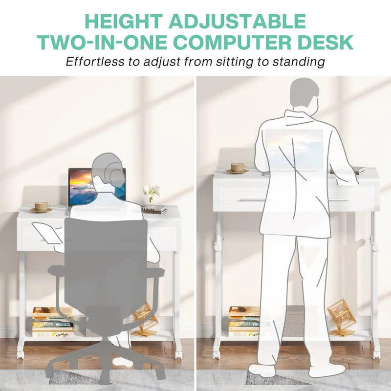 Height-Adjustable Side Table with Drawers and Wheels