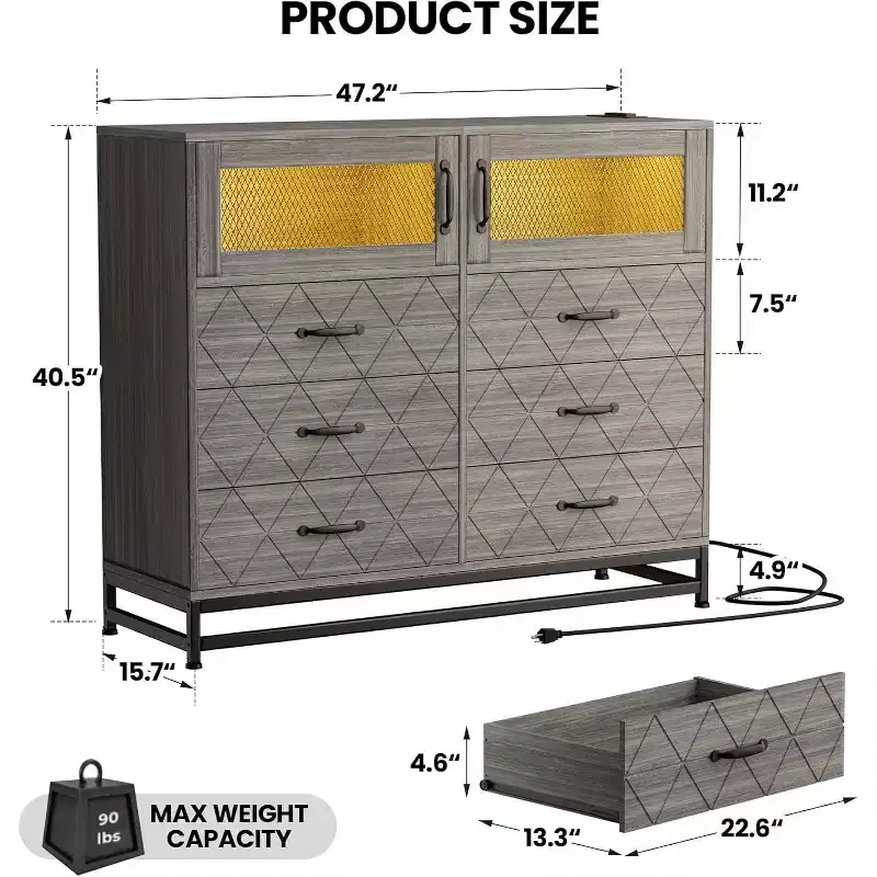 Acekool 6 Drawer Dresser with 2 Door Cabinet, Tall Organizer Chest with Power Station, Modern Storage for Bedroom, Living Room, Hallway, Closet