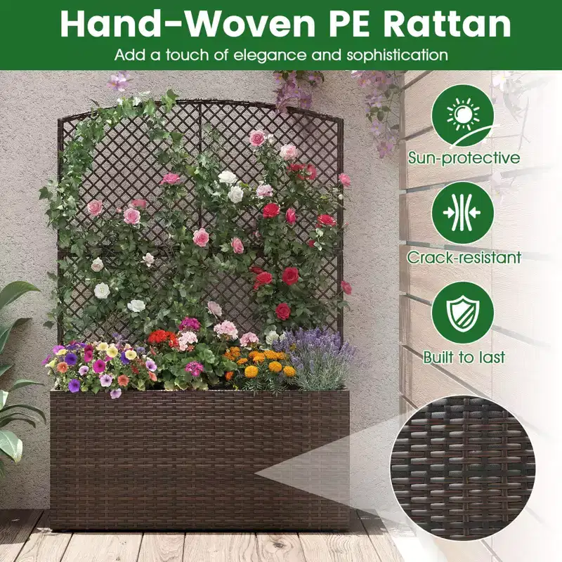 Costway 1/2 PCS 58 Raised Garden Bed with Trellis, Wicker Planter Box with Privacy Screen Brown/Black
