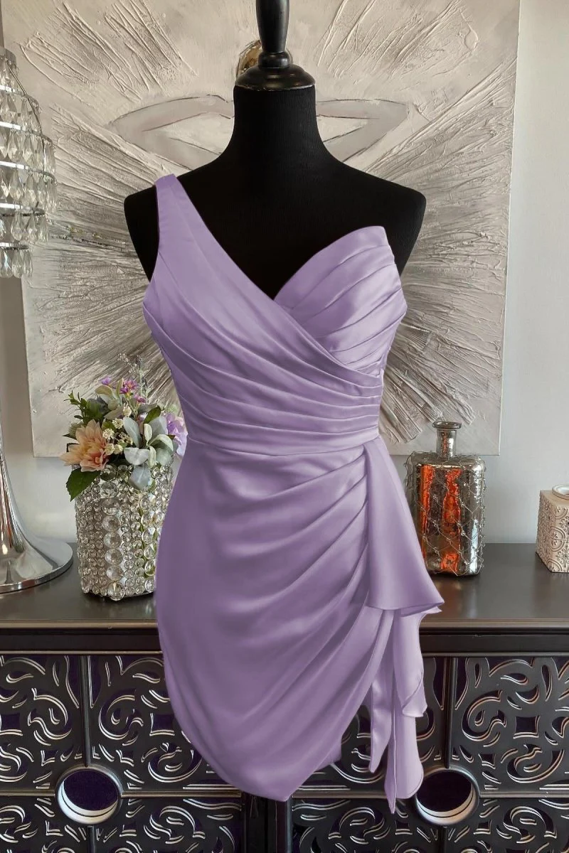 Lavender - One Shoulder Spandex Pleated Homecoming Dresses With Slit