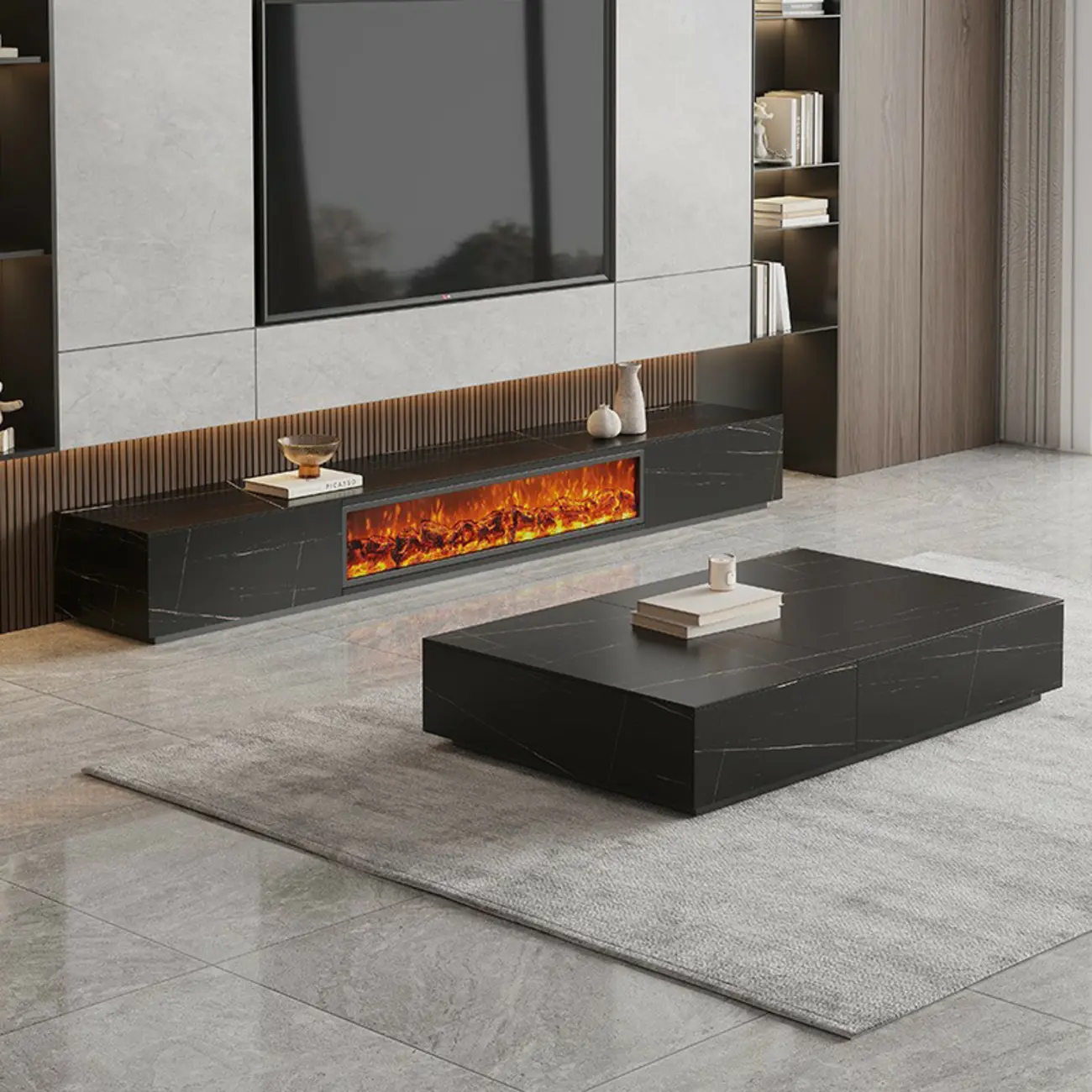 87 Rectangle Black Electric Fireplace Stone TV Stand with Light