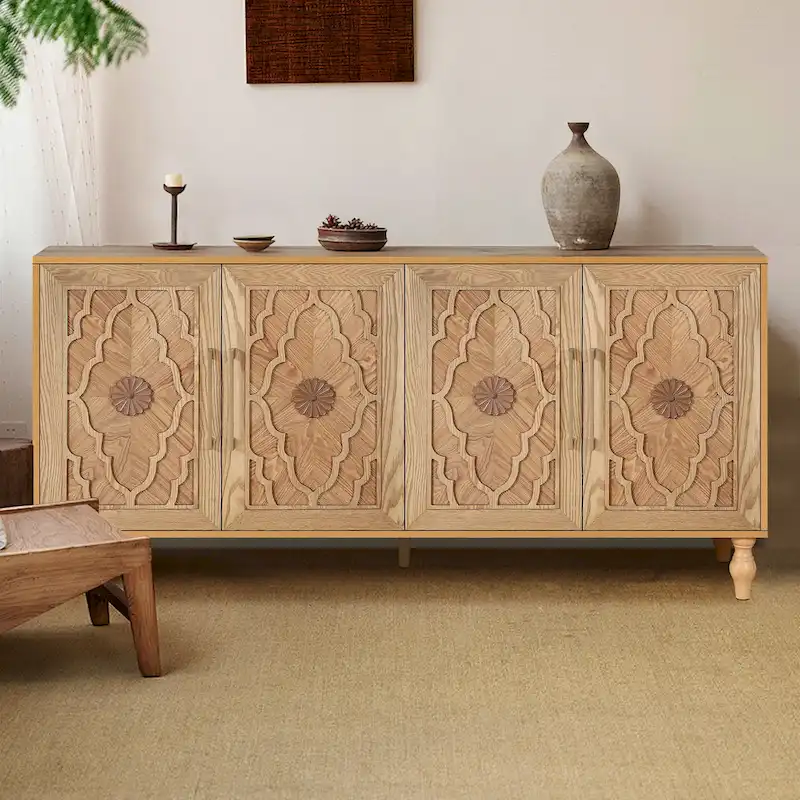 Storage Cabinet with Carved Flower Doors and Metal Handles