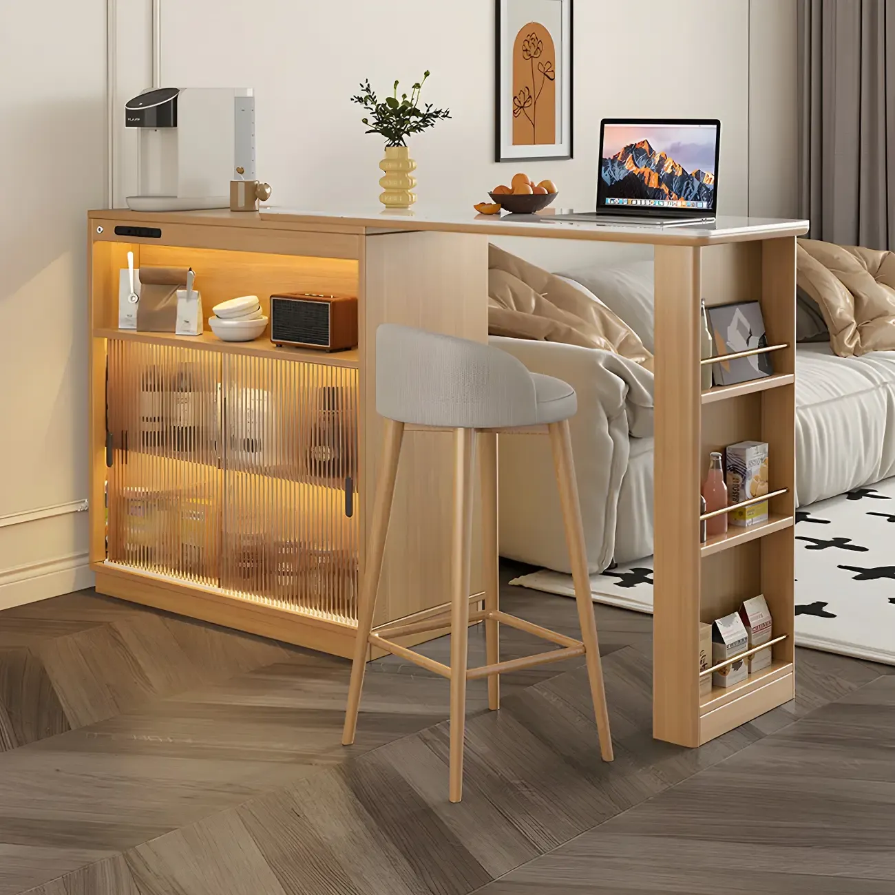 Natural Wood Glass Storage Socket Extendable Bar Tables