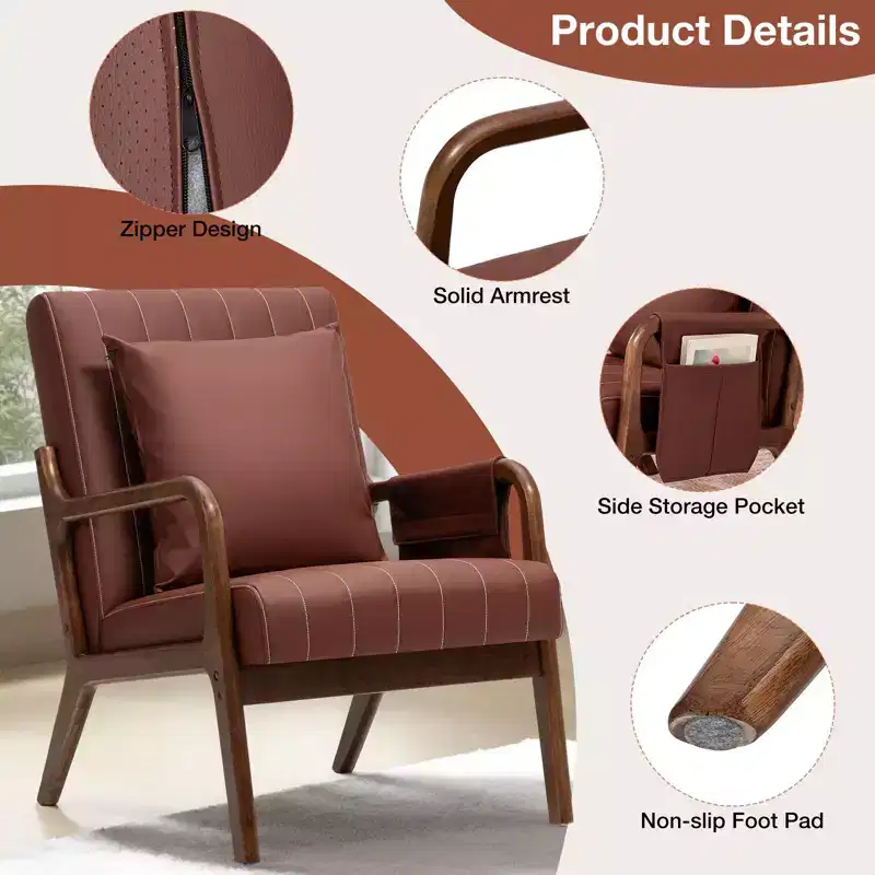 Hommpa Mid-century Accent Chair Ergonomic Leather Armchair with Wood Frame & Lumbar Pillow Brown