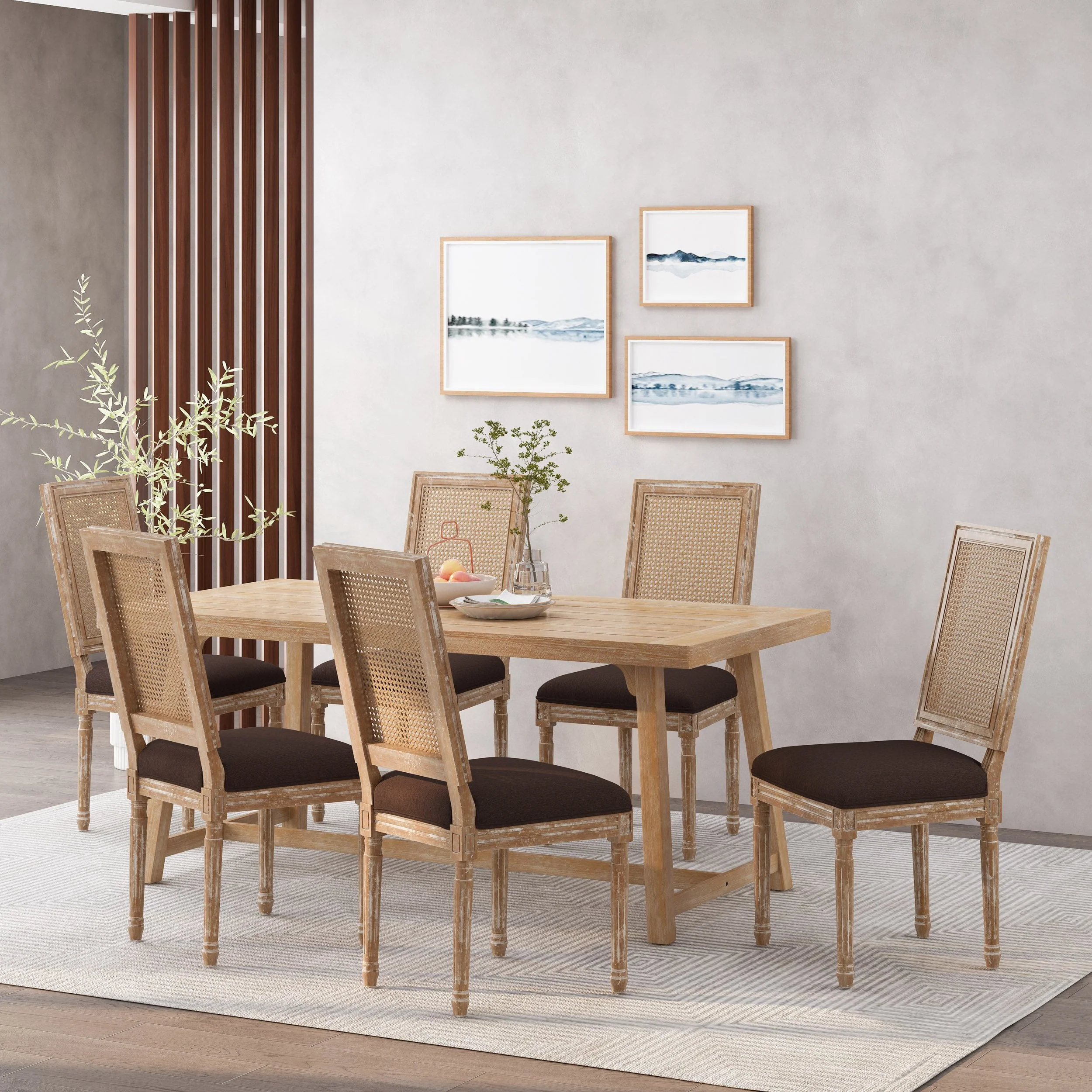 French Country Wood and Cane Upholstered Dining Chair (Set of 6) - NH794513