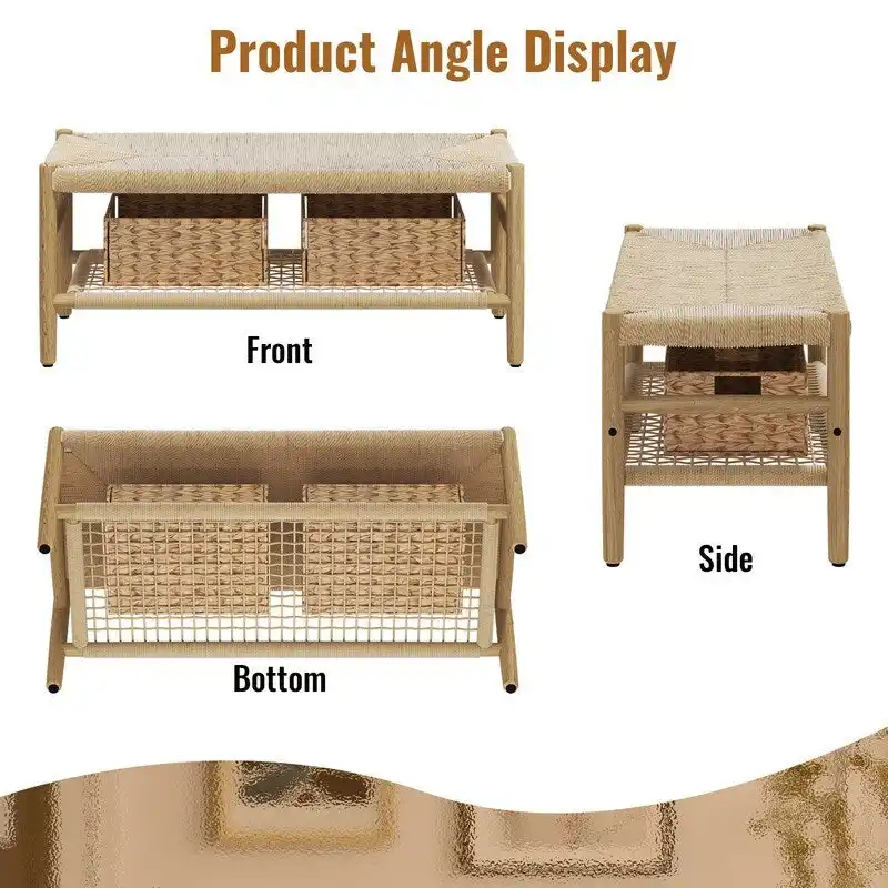Rubber Wood Woven Rope Bench with 3 Storage Baskets – Natural, 2-Seat