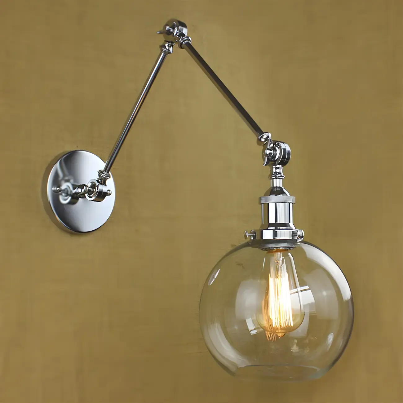 Industrial Silver Swing Arm Wall Light with Globe Clear Shade