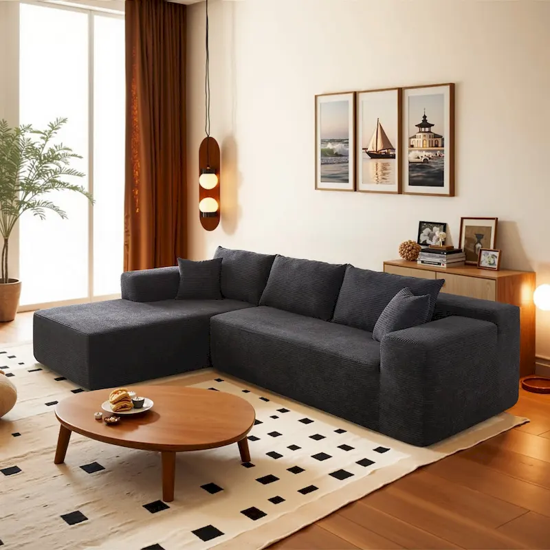 Black / Grey / Camel L-Shaped Corduroy Sectional Sofa with Chaise, 4-Seat