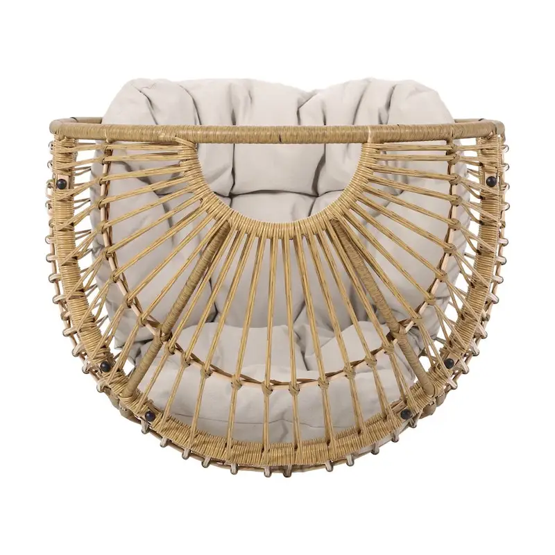 Oaks Aura Abstract Mesh Design Wicker Chair, Handcrafted Woven Rattan Swivel Egg Shape Chair, Basket Shape Chair With Cushion