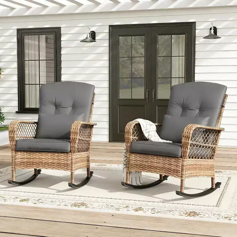 2 Pcs High-Back Wicker Patio Rocking Chair with Cushions, All-Weather Rattan Outdoor Chair for Porch, Removable Washable Covers, 330 lb Capacity