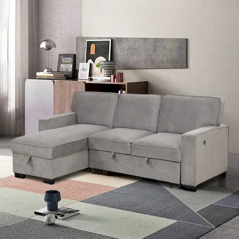 Sectional Sleeper Sofa with Pull-Out Bed, USB Ports, Cup Holders and Storage Chaise