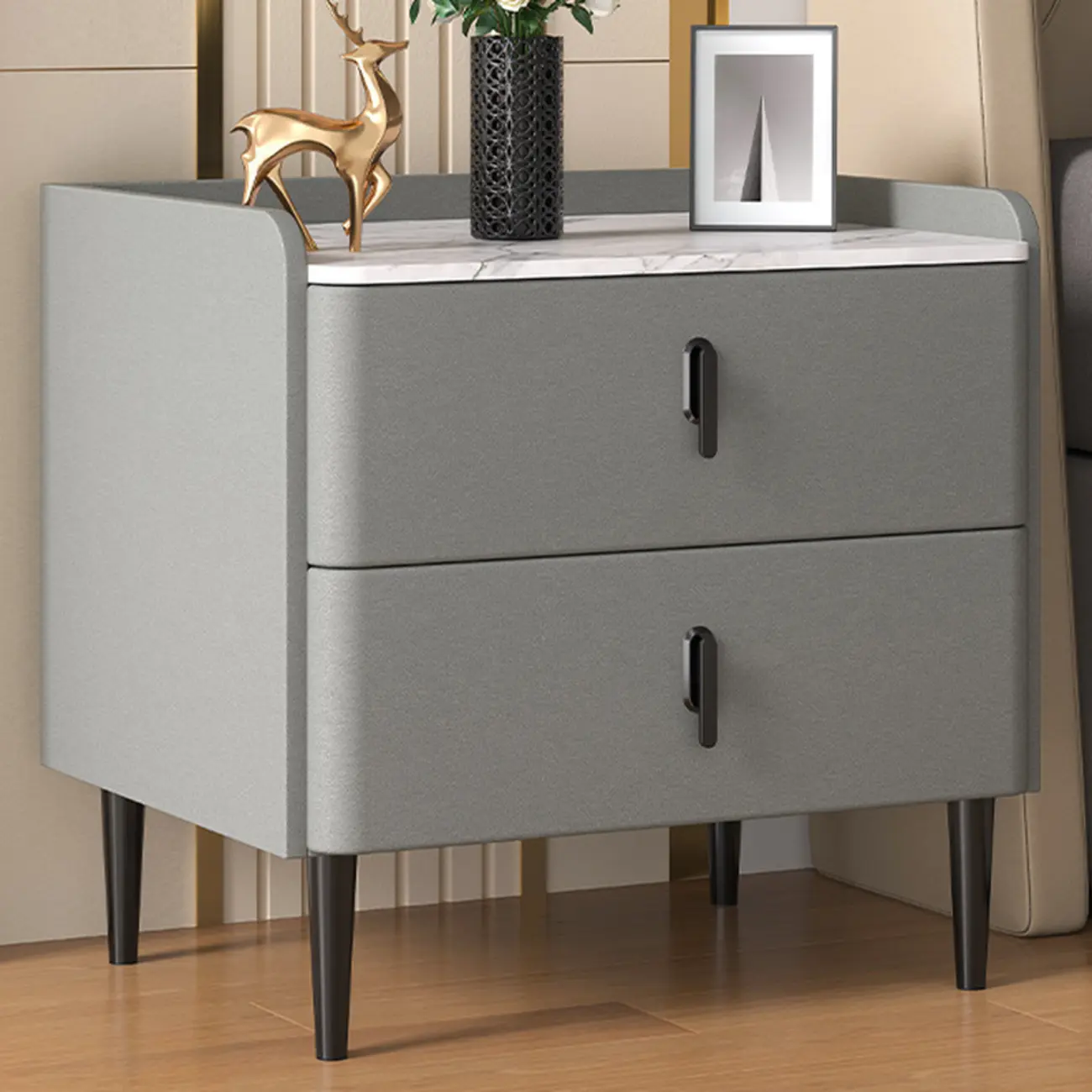 Modern Stone Top Leather Drawers Nightstand with Golden Legs
