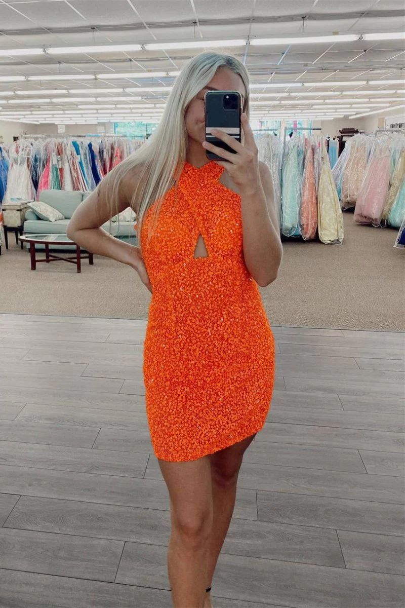 A-line Sheath Backless Hot Pink Sequins Mini Party Dresses