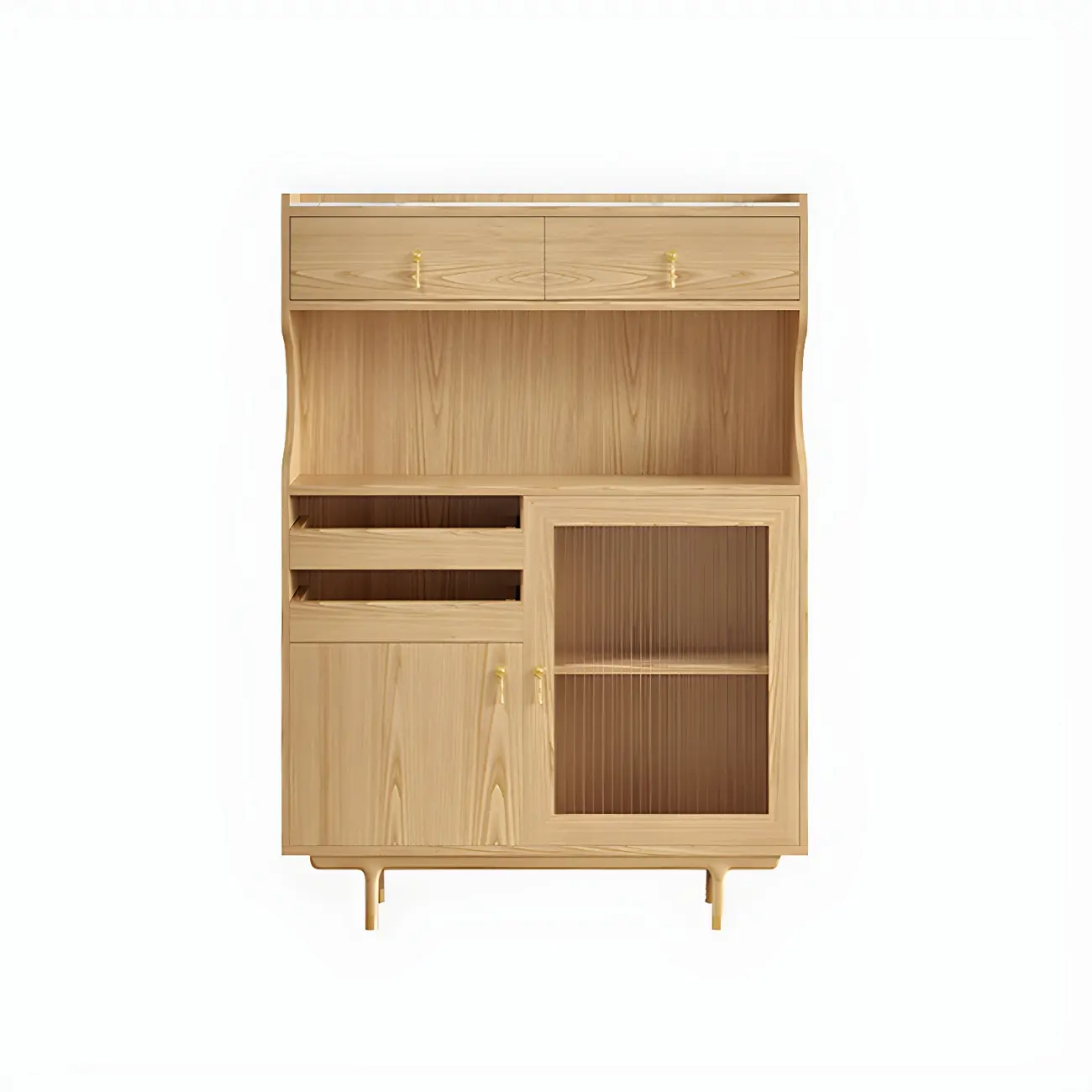 Brown Wood Glass Door Kitchen Hutch Cabinet with Storage