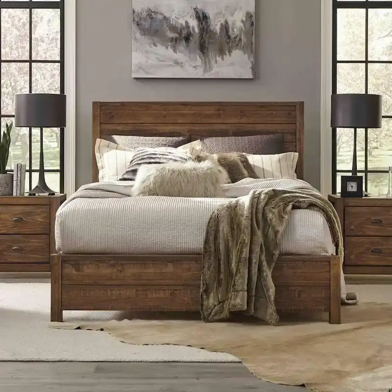 Walnut Solid Pine Queen Platform Bed – Farmhouse Style, Sleeps 1–2