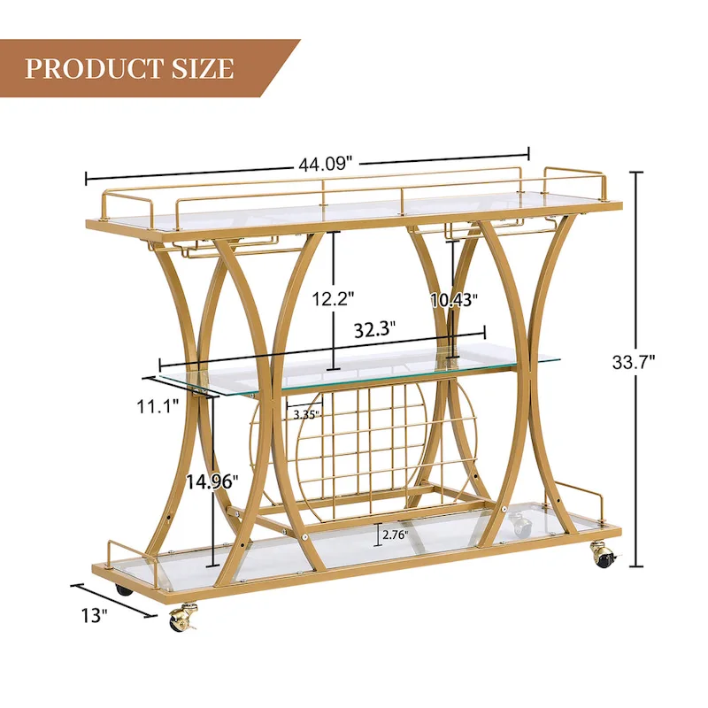 Myhozm 3-tier Serving Metal Bar Cart with Tempered Glass
