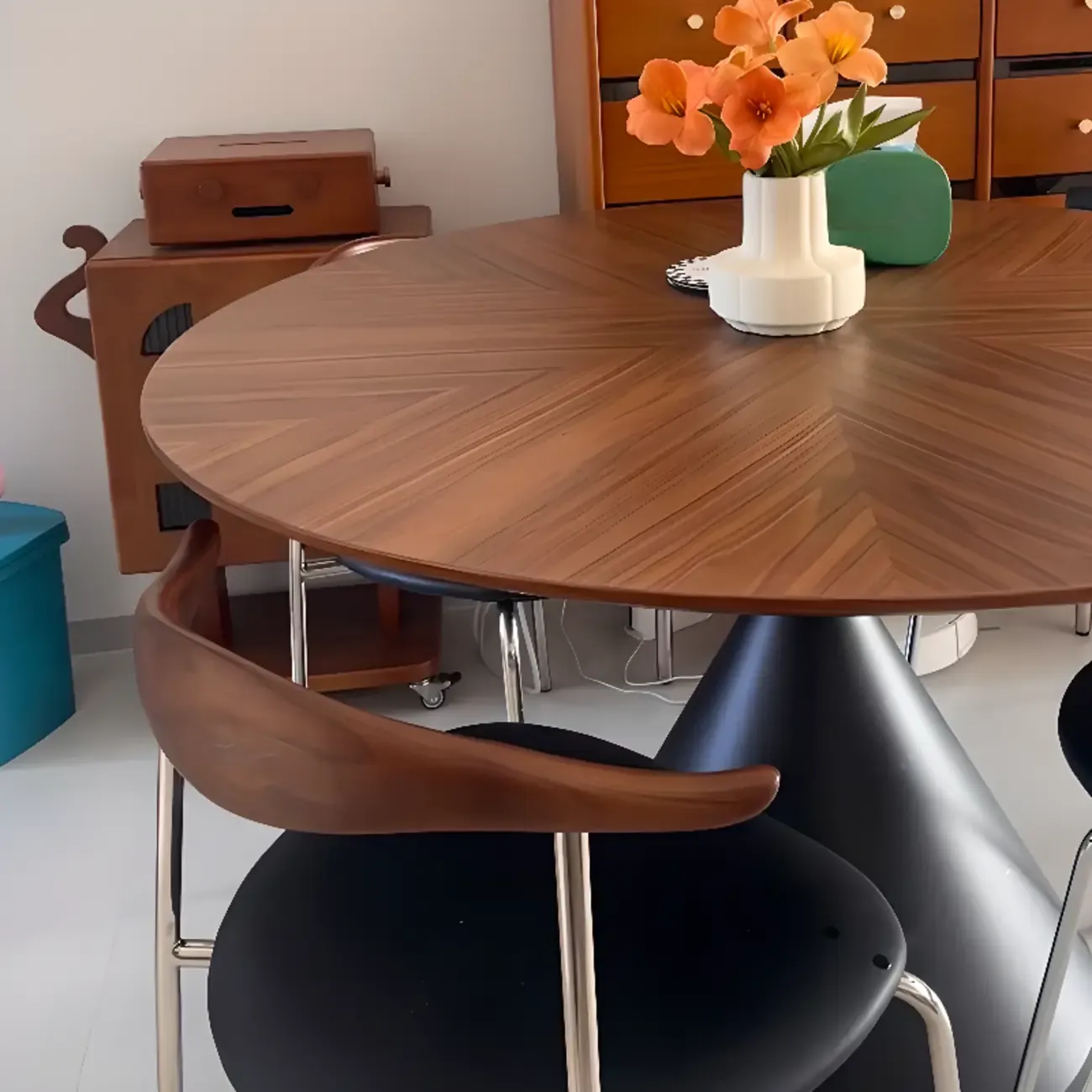 Modern Brown Round Wood Metal Cone Base Dining Table