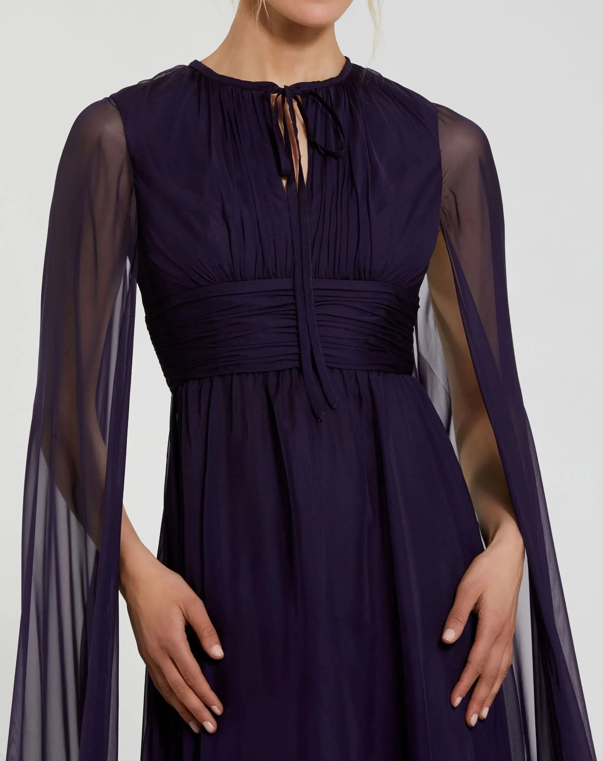 Purple Chiffon Cape Sleeve Ankle-Length Dress With Keyhole