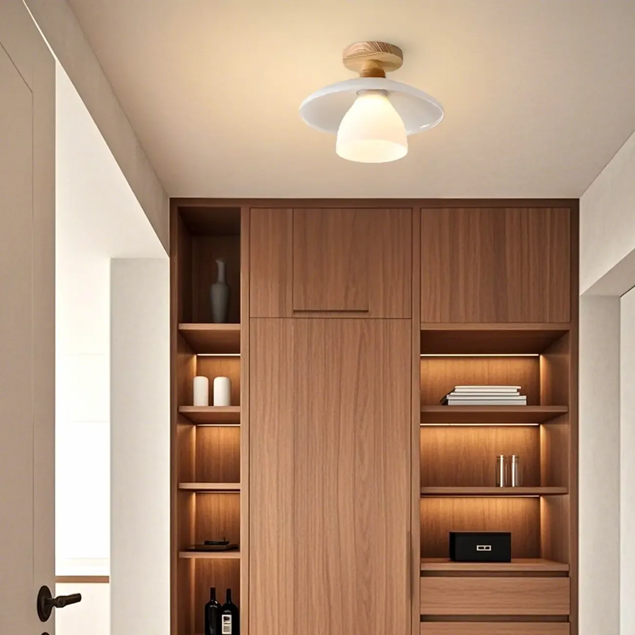Modern Mini White Glass Wooden Semi Flush Mount Ceiling Light