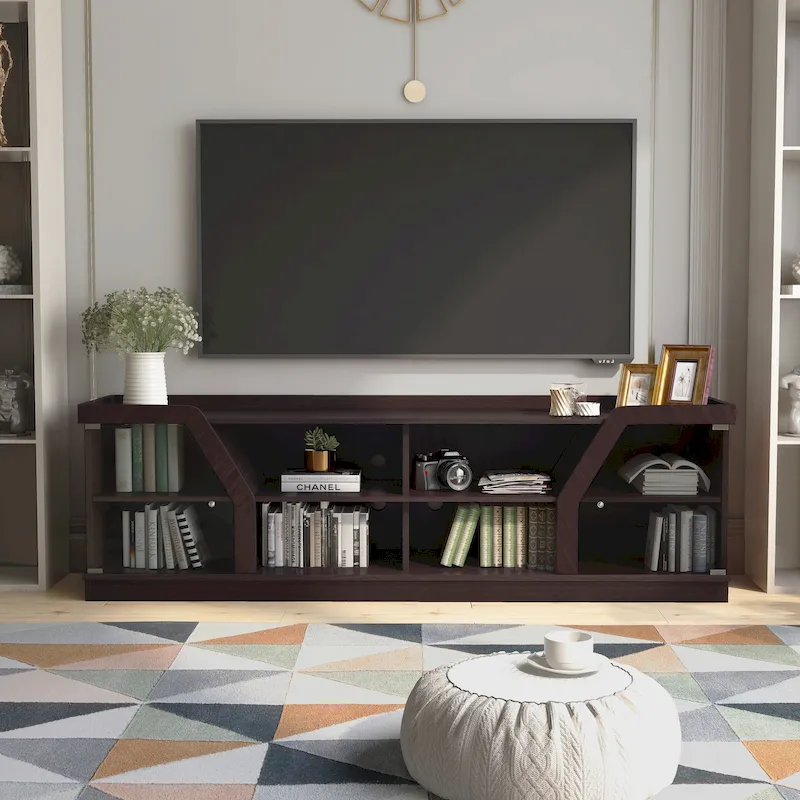Contemporary TV Console with Tempered Glass Doors – Espresso, Fits up to 68