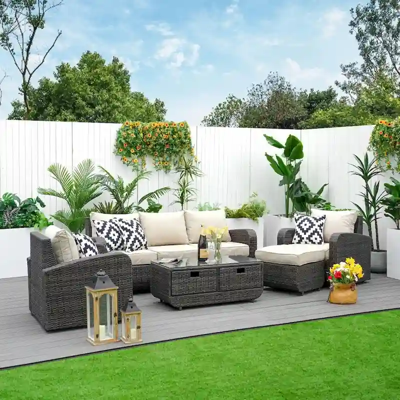 5-piece Wicker Patio Chat Set with Drawer Table