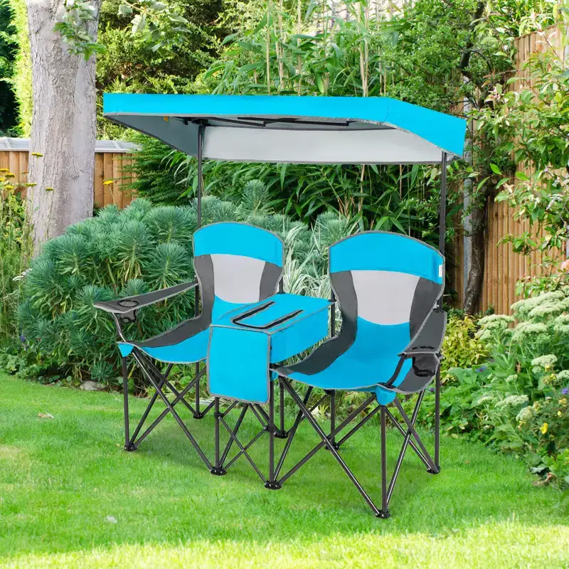 Gymax Double Folding Camping Chairs W/ Carrying Bag Outdoor 2-Seat Chair W/ Adjustable & Detachable Canopy Portable & Foldable Loveseat