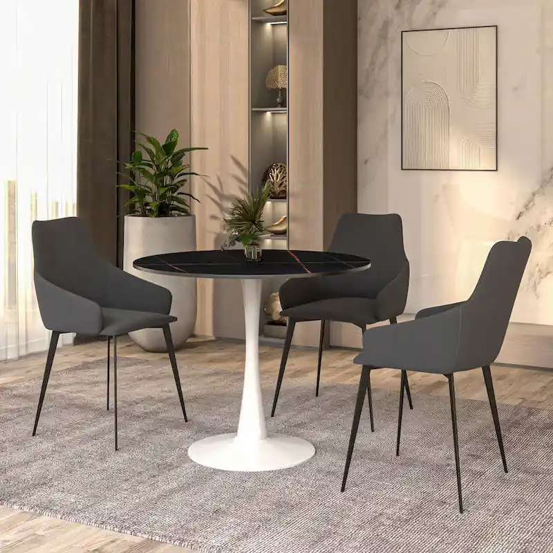 Bristol 31  Modern Round Dining Table with Sintered Stone Top & White Stainless Steel Pedestal Base for Dining Room and Kitchen