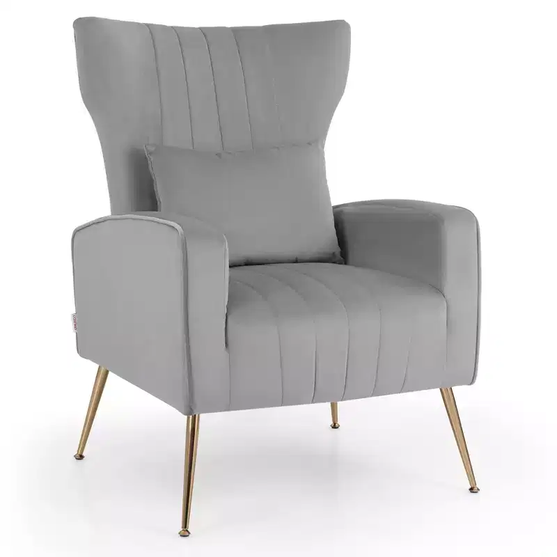 Costway Velvet Upholstered Wingback Chair with Lumbar Pillow & Golden Metal Legs Grey/Pink/Turquoise/White