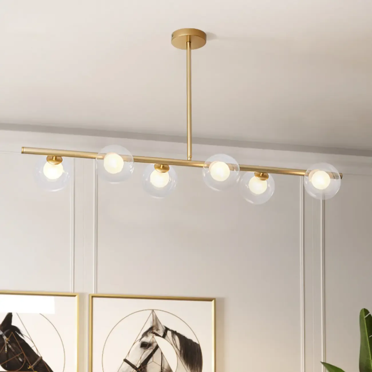 Gold Linear Island Light with 6 Lights Transparent Glass Globe Shades
