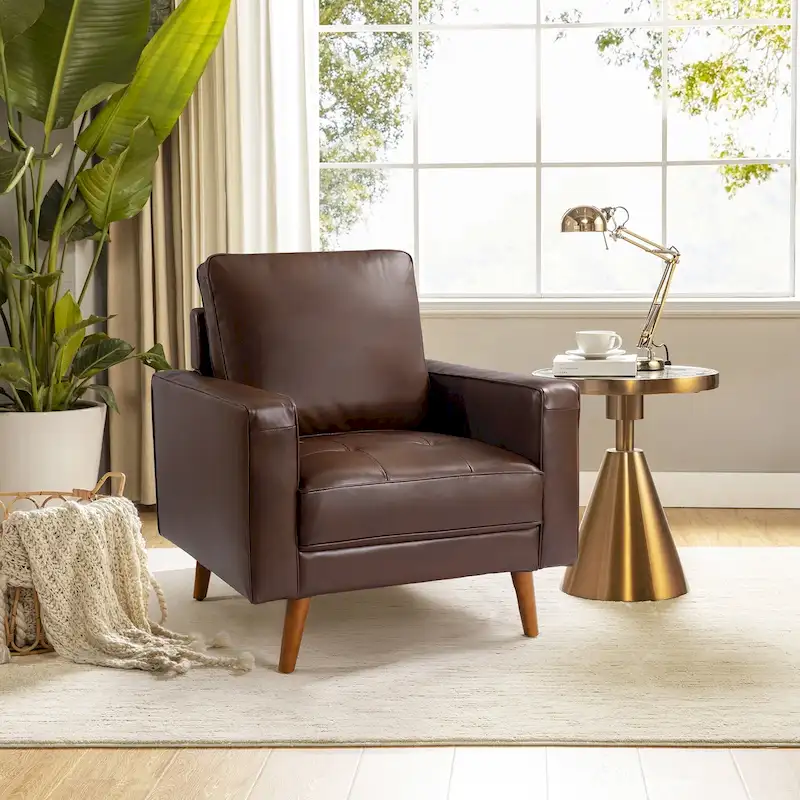 Mid-Century Genuine Leather Armchair – Brown / Navy / Black / Burgundy / Camel / Beige, Track Arm, Seats 1