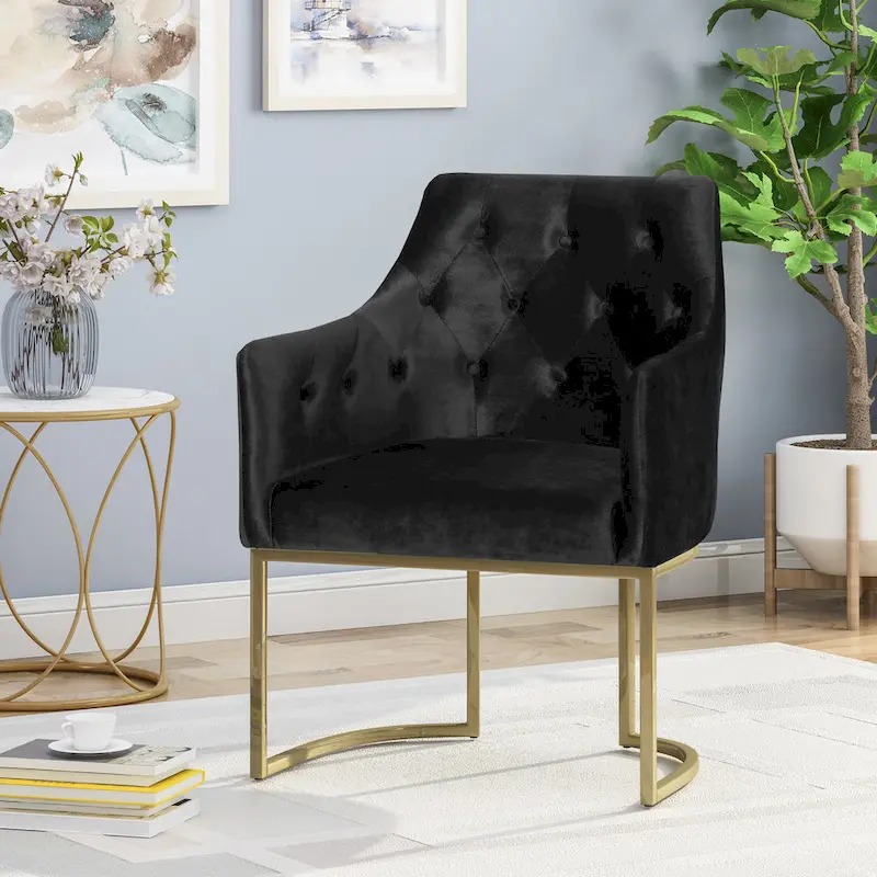 Velvet Tufted Accent Chair, Gold Iron Legs, Single Seat