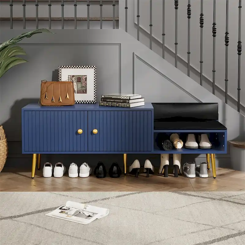 White / Light Blue / Navy / Grey / Antique White Upholstered Shoe Storage Bench with Hidden Compartment, Single Seat