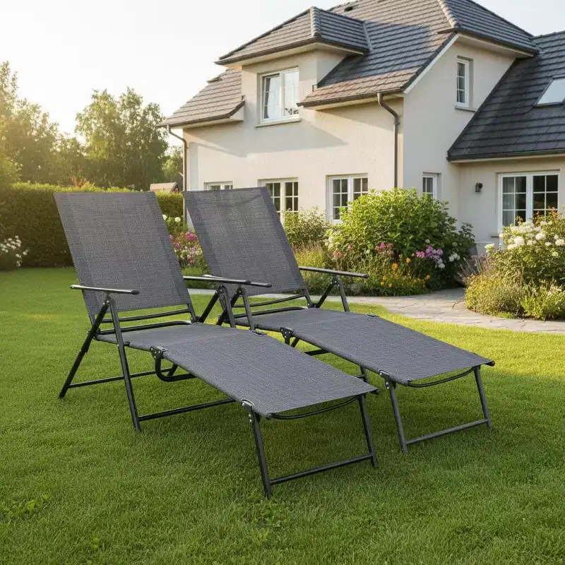 Gymax 2PC Outdoor Folding Chaise Lounge Chairs with 6-Position Adjustable Backrests Tan/Gray