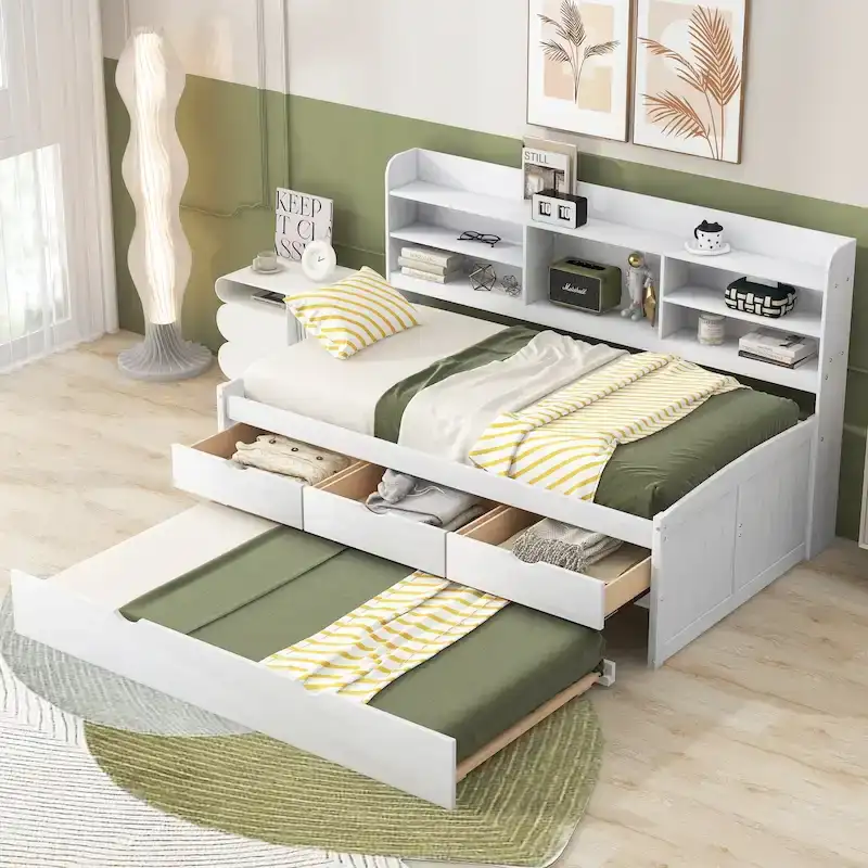 White Washed Twin Size Wooden Captain Bed with Bookshelves, 3 Drawers, Trundle