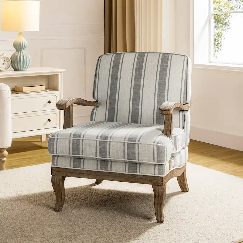 Grey / Stripe / Tan / Blue Farmhouse Polyester Armchair with Solid Wood Arms & Legs - Single Use