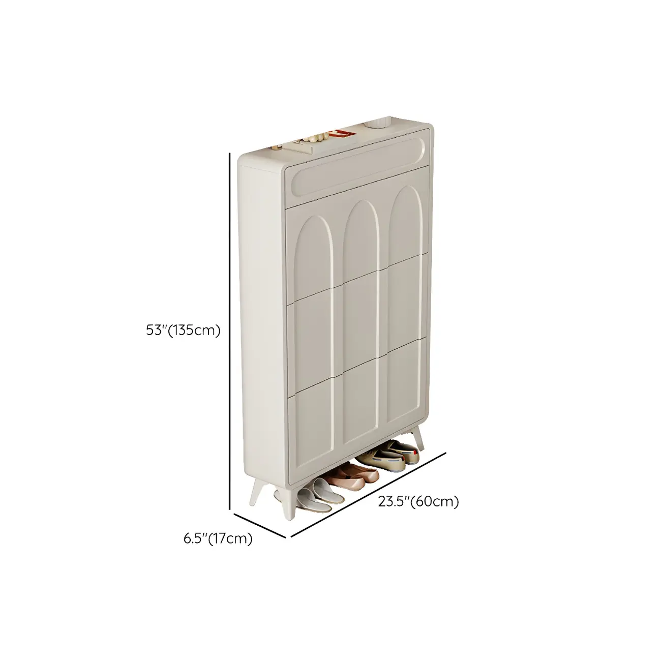 Vertical Slim White Wooden Drop Front Shoe Cabinet
