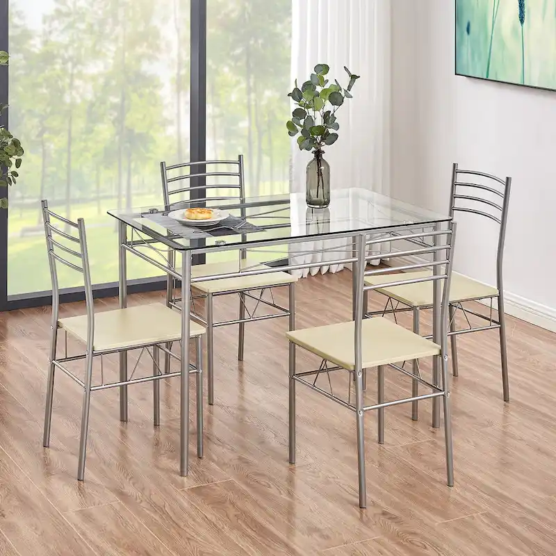 5-pieces Modern Dining Sets,Tempered Glass Table Top and 4 PU Chairs